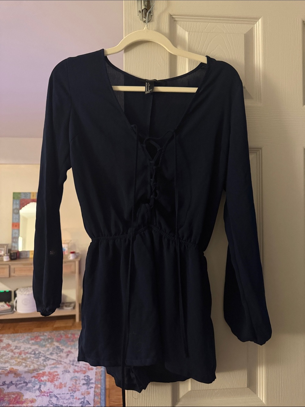 Forever 21 Navy Lace-Up Long Sleeve Romper